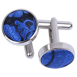 Royal Blue Mens Cufflinks Floral Paisley Brass Fabric Inlay Cuff Links by DQT - Picture 1 of 2