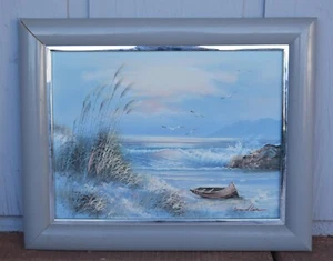 Sandler - Vintage Oil Painting Seascape Ocean Waves Boat on Shore - Framed - Picture 1 of 6