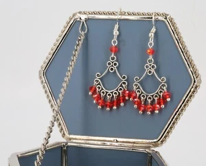 Boho Tibetan silver hooked chandelier earrings red glass crystal dangle beads - Picture 1 of 3