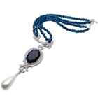 Faceted Dark Blue Agate and Shell Pearl Pendant Necklace, Blue Agate Necklace
