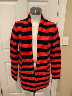 Cárdigan BCBG Max Azria Rojo y Azul Marino Rayas Frente Abierto con Bolsillos, Talla L Foto 1 de 4