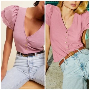 Nation LTD Maria Top Snap Shirt V-Neck Flutter Tiered Sleeve Mauve - Picture 1 of 8