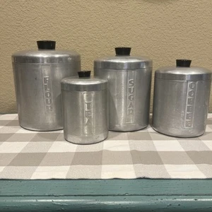 VTG 4 1950s Spun Aluminum MCM Kitchen Canister Set Flour Sugar Tea Coffee - Picture 1 of 14