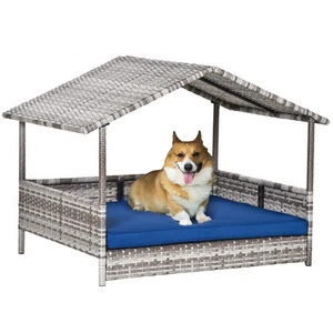 Elevated Wicker Dog House, Raised Rattan Pet Bed Cabana w/ Cushion, Canopy, Blue - Picture 1 of 11