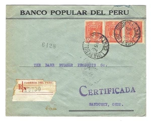 Peru 1925 Einschreiben Lima nach Ohio Leguia 10-Cent 3er Streifen frühe Nutzung XLNT - Bild 1 von 2