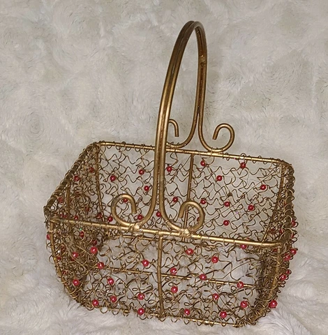 Copper Tone Metal Open Wire Pink Beaded Accents Decorative Basket w/ handle Cover