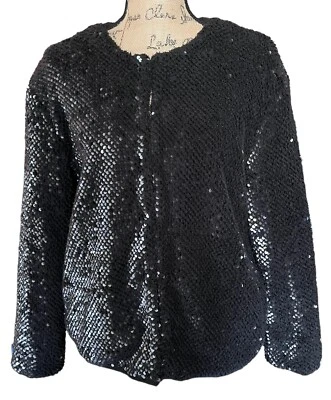 Jaqueta curta Vero Moda tamanho grande luz das estrelas lantejoulas bolsos pretos Glam Bling Sherpa - Imagem 1 de 4