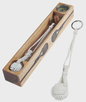 White Monkey Fist Rope Keychain Key Holder Ring Fob w/ Cedar Gift Box w/ Compass - Image 1 of 2