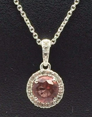 Petite Sterling Silver 925 Faceted Round Peach Morganite CZ Halo Necklace 18'' - Image 1 of 3