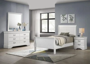 4 PC WHITE LOUIS PHILIPPE TWIN SLEIGH BED N/S DRESSER AND MIRROR BEDROOM SET - Picture 1 of 21