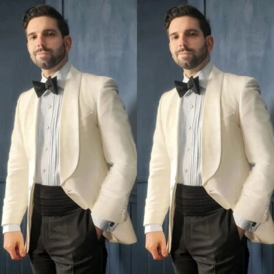 Trajes Crema Para Hombre Shaw Solapa Formal Boda Novio Esmoquin Noche Fiesta 2 Piezas Foto 1 de 4