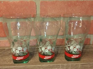 Set Of 3 Coca-Cola 16 Oz Holiday Drinking Glasses - Vintage (Libbey) Green  - Picture 1 of 9