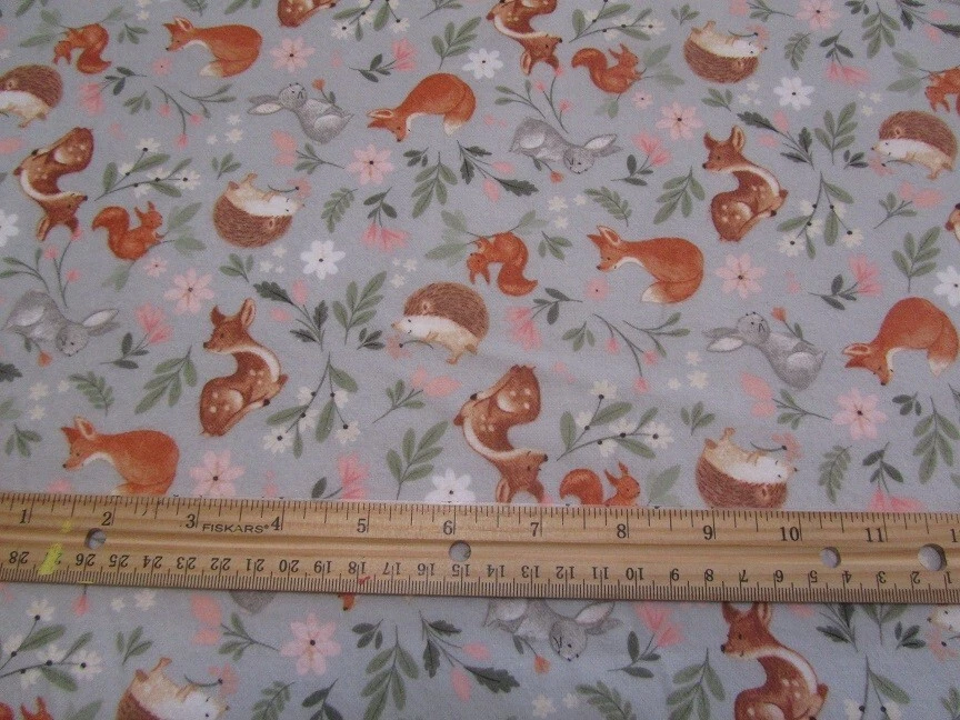 2 Yards Gray Babies in Bloom 3 Wishes Woodland Animal/Fox/Deer Flannel Fabric - Image 1 of 1