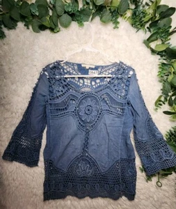 [847] Hauch von neuwertiger Bluse Gr. S blau bestickt Strickmuster 3/4 Arm  - Bild 1 von 8
