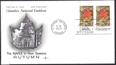 🍁Canada  #537 Pair   "MAPLE LEAVES AUTUMN"   Fine Used 1971  First Day Cover - Image 1 of 2