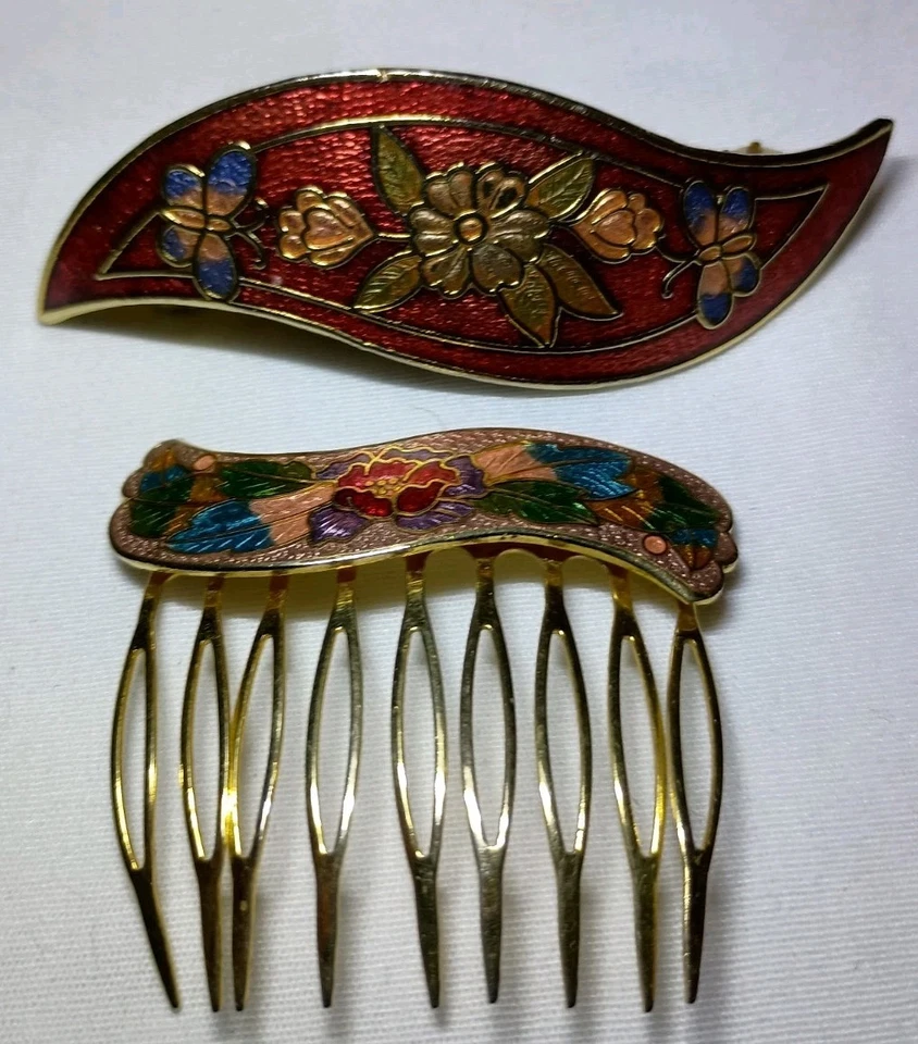 Peine de pelo y pasador Cloisonne - floral - mariposas  Foto 1 de 4