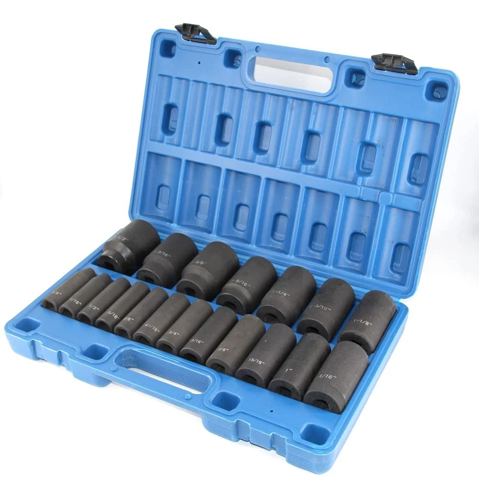 19pcs 1/2" Impact Socket Set, 6-Point Deep Socket, Cr-V Steel, 3/8 inch - 1-1... - Image 1 of 4