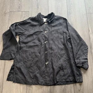 J Jill Sz M Black Linen Lagenlook Silver Button Pockets Oversized Button Up - Picture 1 of 9