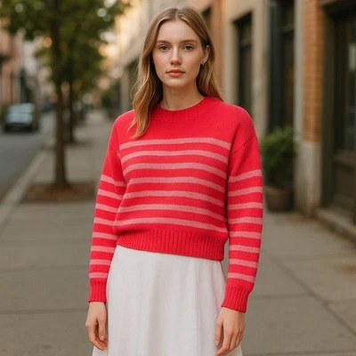 Mini suéter feminino La Ligne Marin pequeno rosa quente cashmere lã malha listra novo sem etiquetas - Imagem 1 de 4