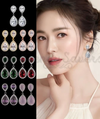 Women 18K Gold Plated Teardrop Shape Drop Dangle Cubic Zirconia Earrings Jewelry - Image 1 of 4