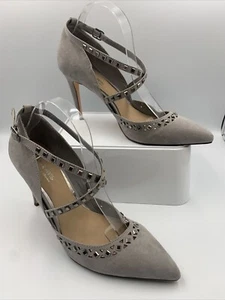 DUNE Grey Suedette Studded Crossover Strap Stiletto Heels. Pointed Toe. VGC. UK8 - Picture 1 of 20