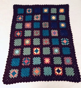 Manta de regazo afgana multicolor azul azulado borgoña cuadrada abuela hecha a mano - Imagen 1 de 5