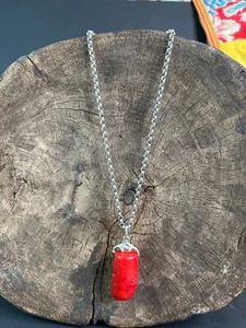 Old Red Coral Pendant on Silver Chain - Picture 1 of 4