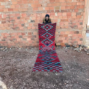 90x300 cm (3x10 ft) Handwoven Moroccan Berber Rug, Red & Grey Geometric Design, - Picture 1 of 8