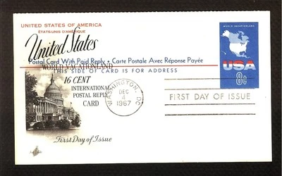 FIRST DAY COVER #UY20 Map of the US 8c POST & REPLY CARD ARTCRAFT FDC U/A 1967 - Image 1 of 2