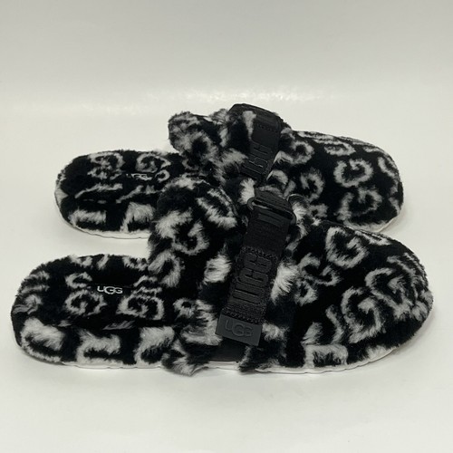 UGG Fluff It Pop Ciabatte Scivoli Uomo 9 Donna 10 5 Nero Bianco Peluche Nuove 1120900