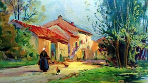 TABLEAU SIGNE DUMONTIER PAYSANNE SUR LE CHEMIN FERME CAMPAGNE QUALITÉ BARBIZON - Picture 1 of 4