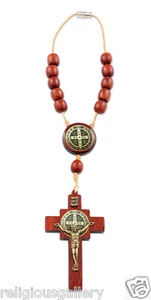 Saint Benedict Cross Car Rearview Mirror Protection Rosary, Cherry Wood Beads - Picture 1 of 1