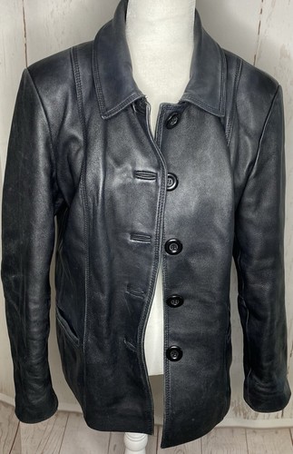 VETEMENTS Giacca donna pelle JACLYN SMITH L grande nera bottoni animale classica chic