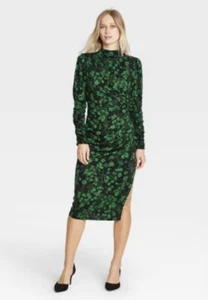 Who What Wear Green/black Floral Print Puff Long Sleeve slit A-Line Dress XL - Picture 1 of 7