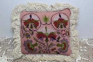 Vintage Cross Stitch Accent Pillow 8x7” Handcrafted Lace Trim Pink Floral - Picture 1 of 8