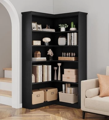 L Shaped Corner Bookshelf 5 Tier Large Wood Bookshelf Standing Bookcase - image 1 of 4