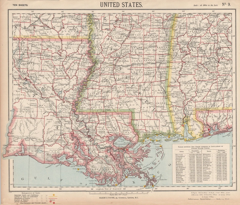 Mapa LETTS 1889 de Ferrocarriles de Alabama Mississippi Costa del Golfo de Estados Unidos Foto 1 de 1