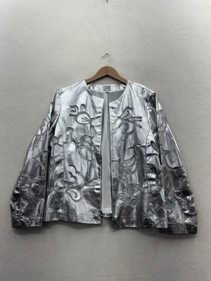 Chico's Women’s 3 (XL) Leather Jacket Metallic Silver Chrome Mesh Cutouts - Image 1 of 4