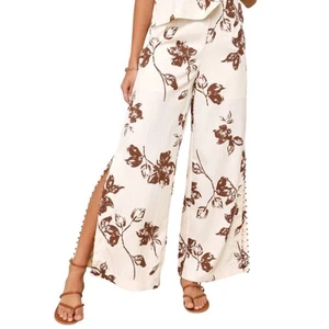 Lulus Ivory Brown Wide Leg Pants Womens SIZE LARGE Beaded Floral Side Slit Boho - Picture 1 of 18