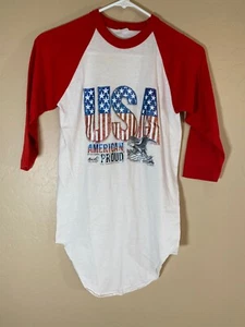 VTG 70s 80s "USA American and Proud" Sparkle Iron-on Red/White T-shirt Kids 14 - Picture 1 of 5