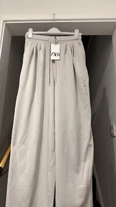 Zara light grey 100% cotton minimalist Elasticated waistband wide leg trousers - Picture 1 of 8