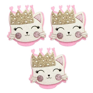 Set of 3 - Princess Kitty Cat Glitter Non-Woven Patch Applique Flatbacks DIY Hai - Picture 1 of 4