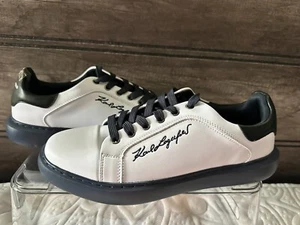 NWOB KARL LAGERFELD PARIS Men's SHOES 10.5 M  LEATHER SCRIPT LOGO SNEAKERS - Picture 1 of 9