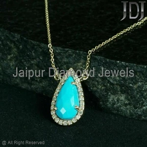 14K Oro Amarillo Diamante Natural Gema Turquesa Cadena Collar Regalo Joyería - Imagen 1 de 9
