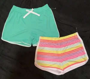 Girls Athletic Shorts Lot Size Medium 7 / 8 Green Pink Yellow Stripe Gym Sports - Picture 1 of 9