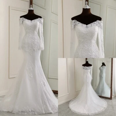 White Mermaid Wedding Dresses Boat Neck Long Sleeved Lace Appliques Bridal Gowns - Image 1 of 4