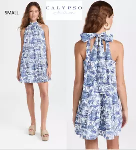 Anthropologie Calypso St Barth White Blue Marlowe Floral Back Tie Mini Dress - Picture 1 of 12