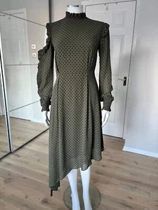 Essentiel Antwerp Green Black Heart Print Viscose Smok Neck Asymetric Dress EU34 - Picture 1 of 16