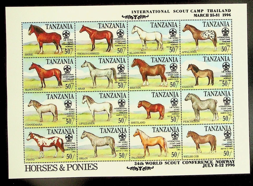 TANZANIA Sc 1529 NH MINISHOJA DE 1996 - CABALLOS CON SOBREIMPRESIONES PARA EXPLORADORES - (DL24) Foto 1 de 1