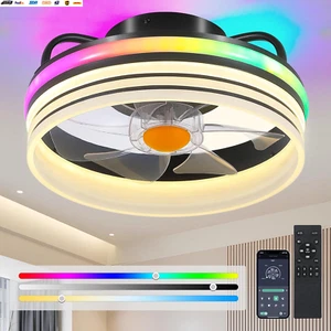 Flush Mount Ceiling Fan with RGB Light - 13“ Small Bladeless Ceiling Fan Light w - Picture 1 of 7